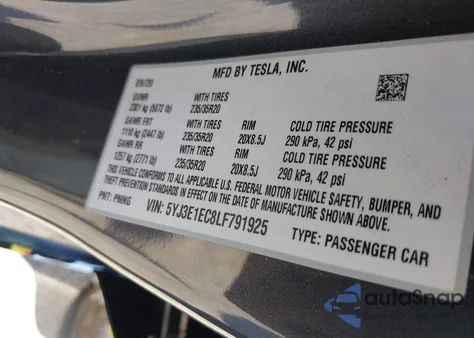 2020 Tesla Model 3 Performance Dual Motor All-Wheel Drive from USA, damaged, VIN 5YJ3E1EC8LF791925